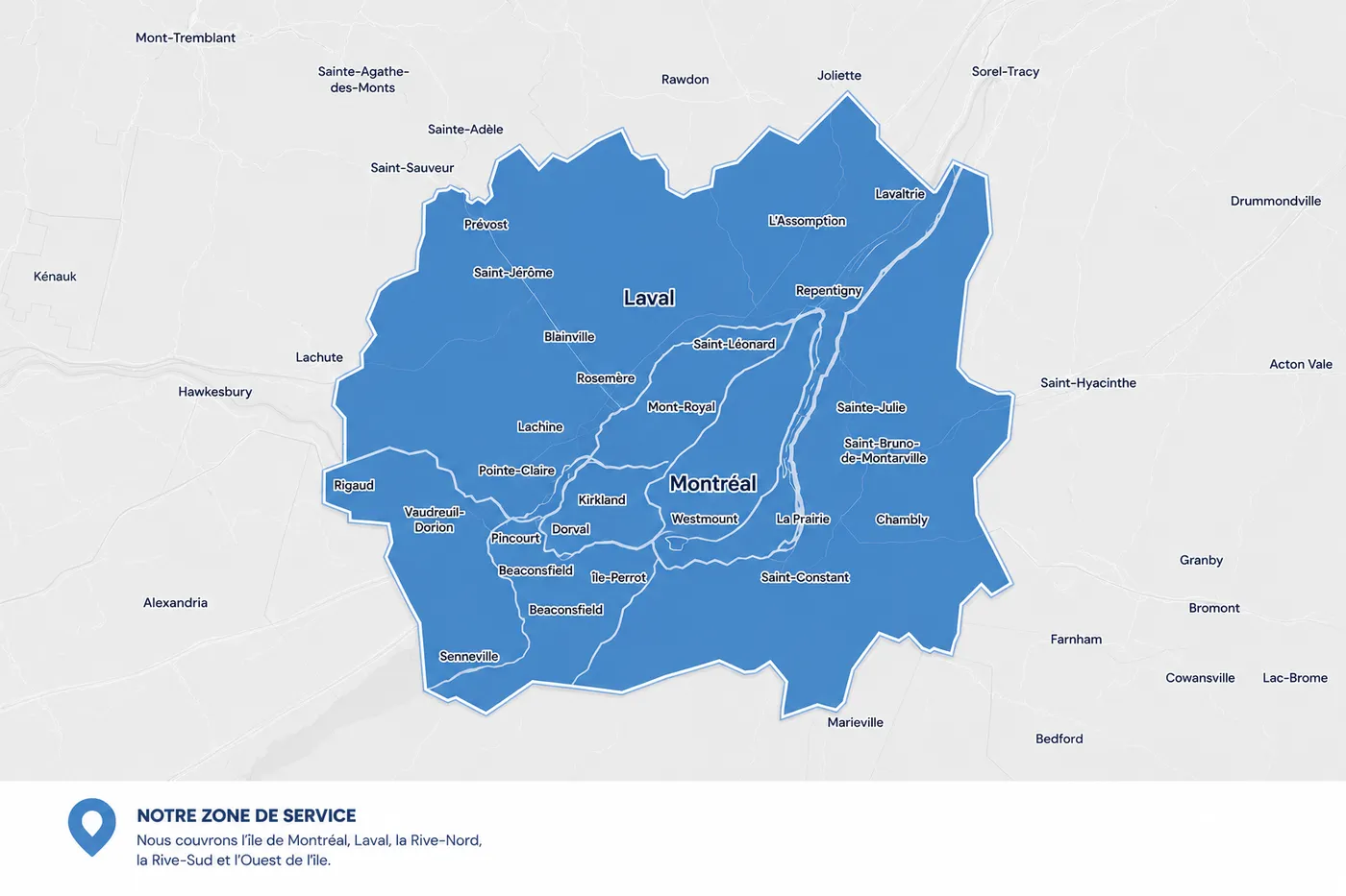 Carte de la zone de service Lumineau Électrique dans le Grand Montréal